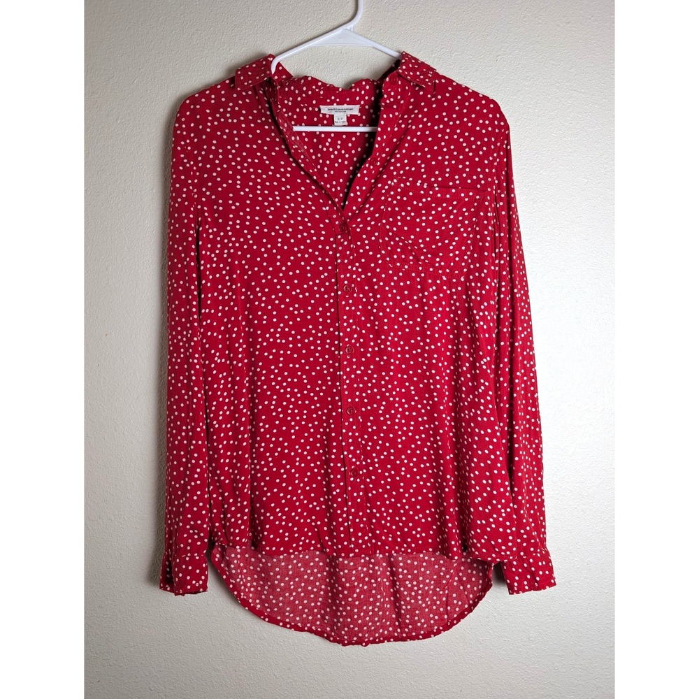 BeachLunchLounge Womens S Petite Red White Polka Dot Viscose Button Down Shirt